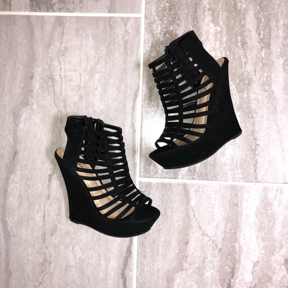 Shoes - Black Cage Platform Wedges
